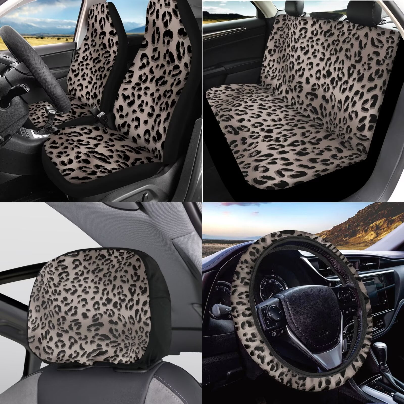 Garronmavis Grey Leopard Car Seat Covers Full Set with Steering Wheel Wrap Gear Shift Cover Handbrake Sleeve Headrest Protectors Cup Coaster Universal Fit for Most Auto Sedan Van Truck