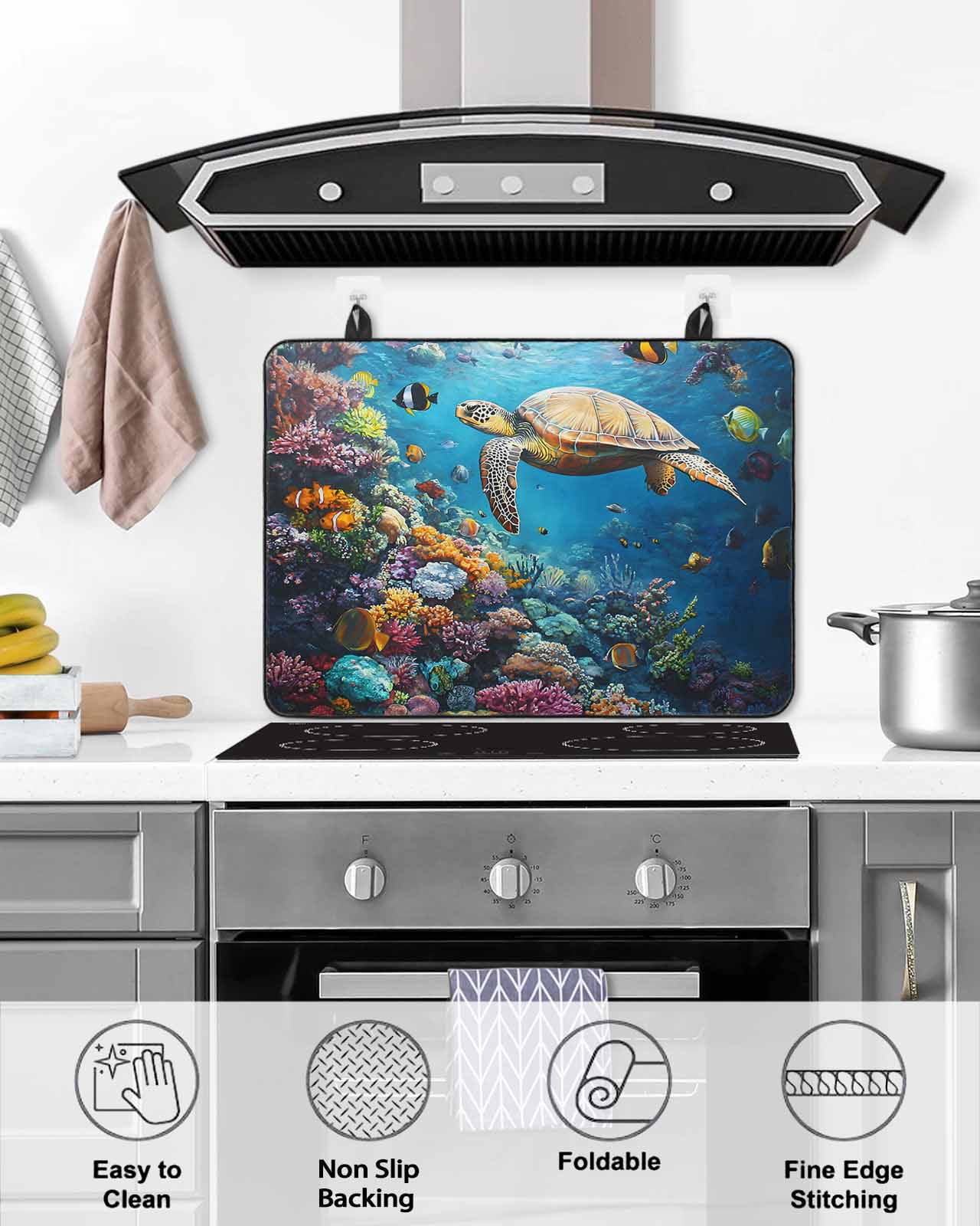 nqOlkjepod Large Induction Cooktop Protector Mat 36"x21", Summer Turtle Stove Top Covers for Electric Stove, Ocean Coral Underwater Sea Fish Animal Stove Burner Cover Mats, Glass Top Stove Cover