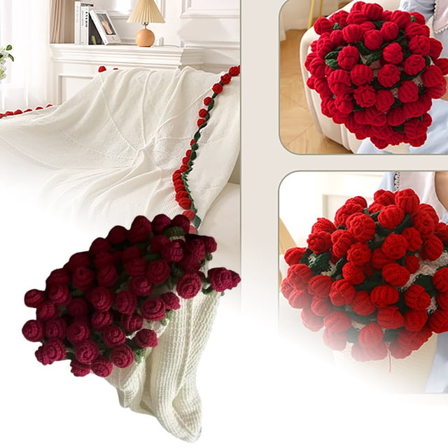 1 unidad: Manta de San Valentín de 61 cm con ramo de rosas de ganchillo, manta decorativa tejida a mano, ideal para el Día de la Madre, cumpleaños y San Valentín (morado