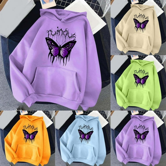 Kayannuo Pullover Hoodies for Women Butterfly Print Drawstring Ladies Long Sleeve Sweatshirt Fall Women's Fashion Classic Printed Drawstring Hooded Pocket Sweater Sweatshirts