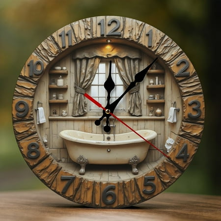 Wall Clock Decorative - Rustic Beige Bathroom Print 2D Vintage Wall Clocks Battery Operated Silent Non-Ticking for Bedroom, Living Room, Kitchen, Office, Classroom, 10 Inch