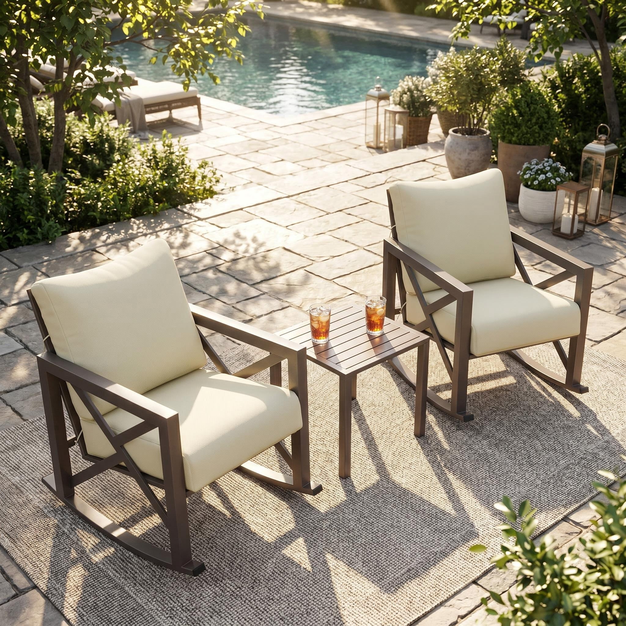 UDPATIO 3-Piece Metal Patio Rocking Chair Set, Heavy Duty 350 lbs Capacity Outdoor Bistro Furniture Set with 2 Rockers, Thick Cushions and Coffee Table for Porch, Rust-Resistant, Beige
