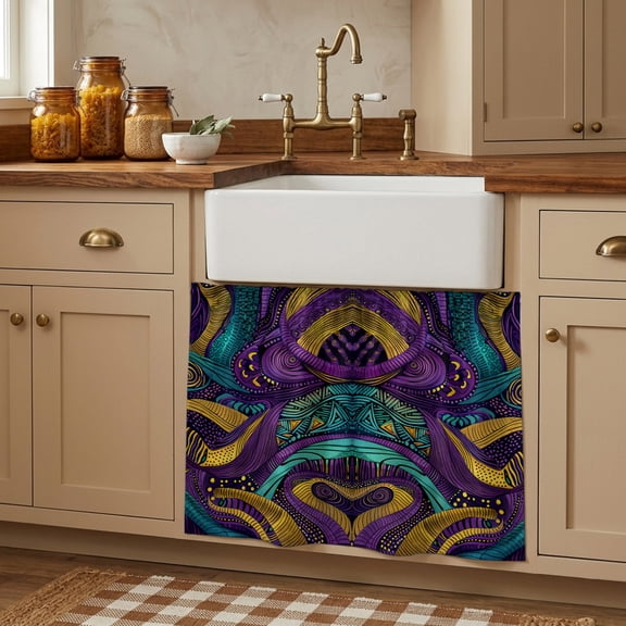 Yellow Purple Green Cabinet Curtains 27.6"W x 35.4"L, Modern Abstract Art Geometric Under Sink Skirt for Bathroom Vanity Kitchen Self Adhesive, Dust-Proof Privacy Curtain for Closet Shelves Laundry