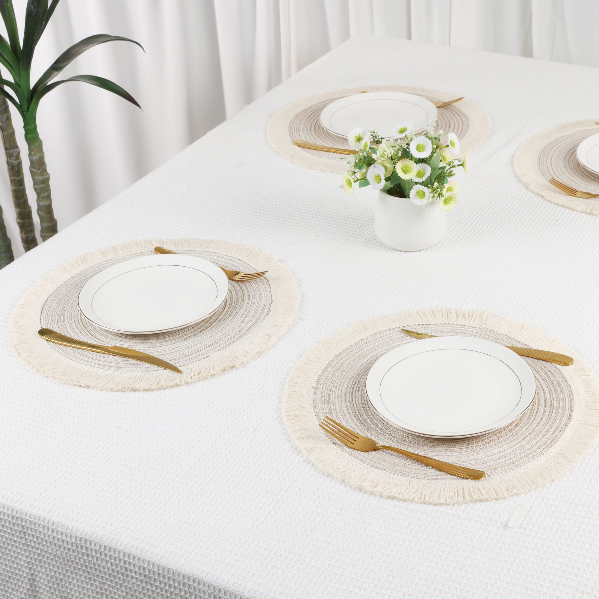 Unique Bargains Rustic Rattan Place Mats Set of 6 for Dining Table Decor Beige 15x15in