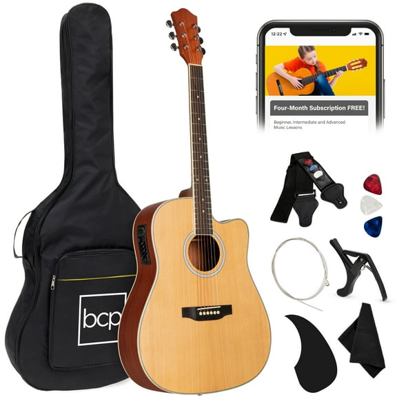Best Choice Products Beginner Acoustic Electric Guitar Starter Set 41in w/ All Wood Cutaway Design, Case - Natural