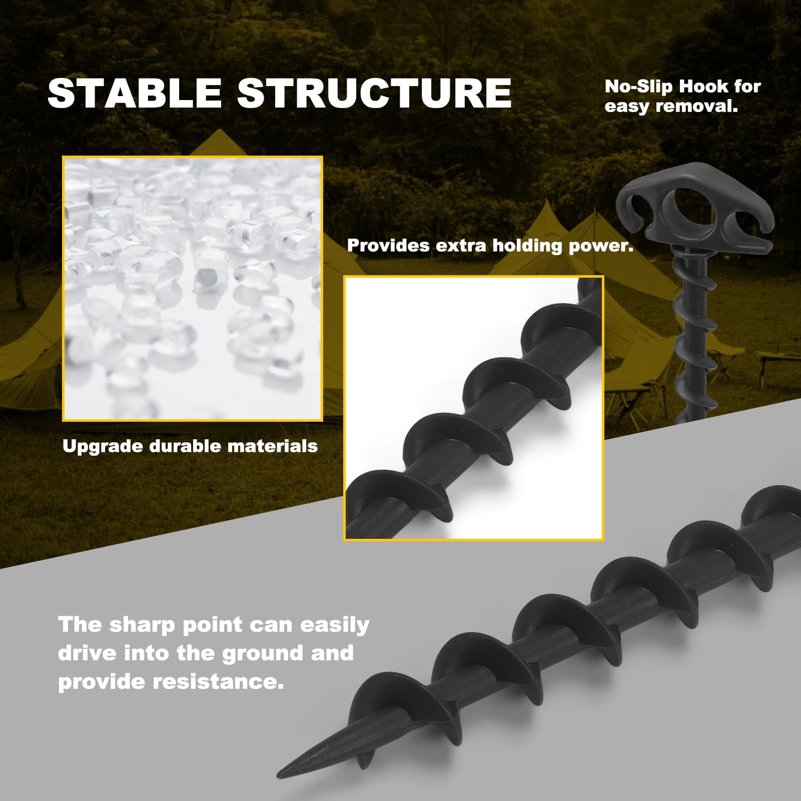 Heavy Duty Spiral Tent Stakes Ground Anchors Screw In 6 Pack 9.4 Inch Sand Stakes for Beach Camping Hiking Outdoor Decoration Black