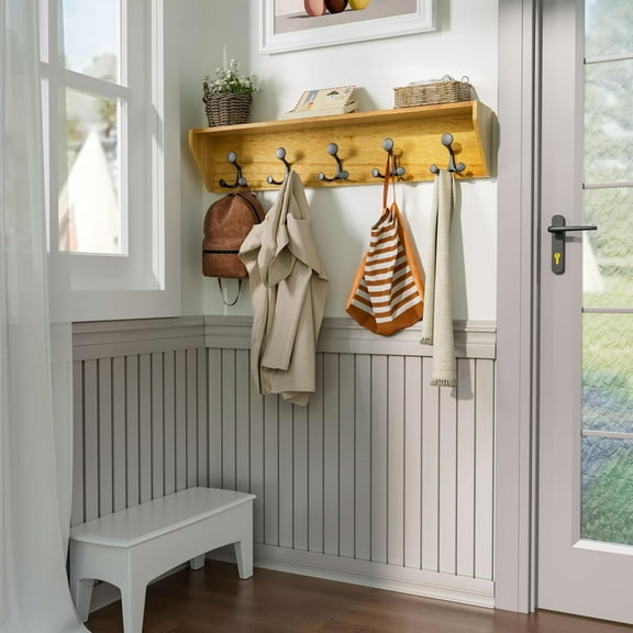 Wall Shelf with Hooks, 24-Inch Brown Coat Rack Wall Mount with Shelf Organizer - Lightweight & Sturdy, 5 Tri Hooks - Perfect for Entryway, Hallway, Living Room, Bedroom, Mudroom