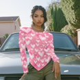 thumbnail image 3 of Xoenoiee Pink Heart Love Print Women's Long Sleeve Round Neck Fitted Going Out Ruched Asymmetrical T Shirts Valentine's Day Stretchy Crop Tops Plus Size, M, 3 of 7