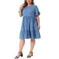 thumbnail image 2 of Agnes Orinda Women's Plus Size Easter Summer Dresses Texture Ruffle Short Sleeve Tiered Hem Crew Neck Midi Casual A Line Dress 2025 3X Gray Blue, 2 of 6