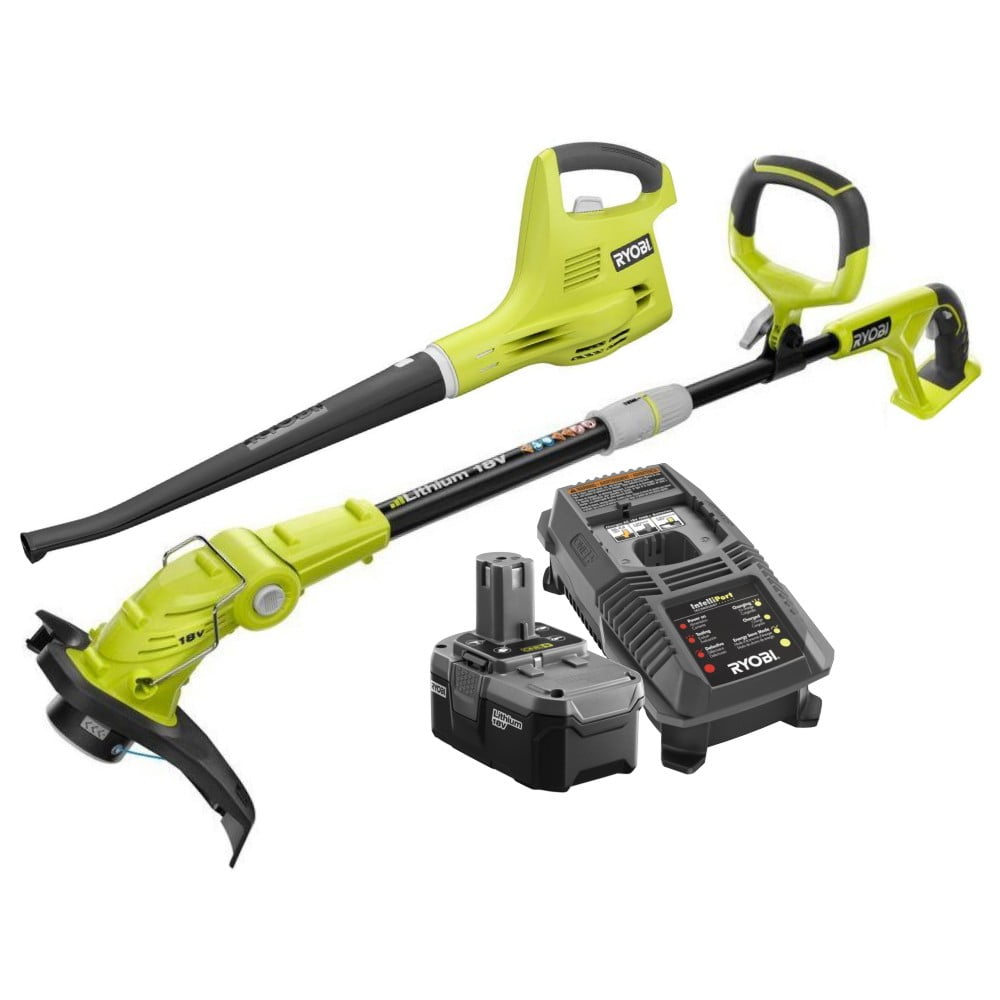 Ryobi P2035-AC One+ 18V Cordless String Trimmer/Edger and Blower with Extra 3-Pack of Spools, 4.0 Ah Battery and Charger