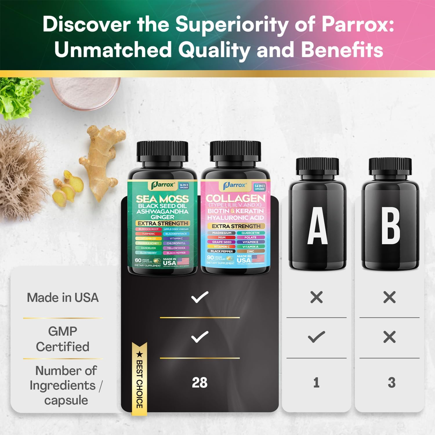 Parrox Radiant Wellness Bundle -Sea Moss, Black Seed Oil, Ashwagandha, Ginger, Collagen Types I II III V X, Biotin, Keratin, Hyaluronic Acid, Burdock Root, Turmeric, Vitamin D3, Magnesium (3 Pack)