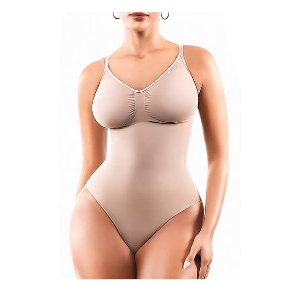 Women's Seamless Shapewear Adjustable Strap Leotard Sculpting Slimming Bodysuit (Beige, S/M)