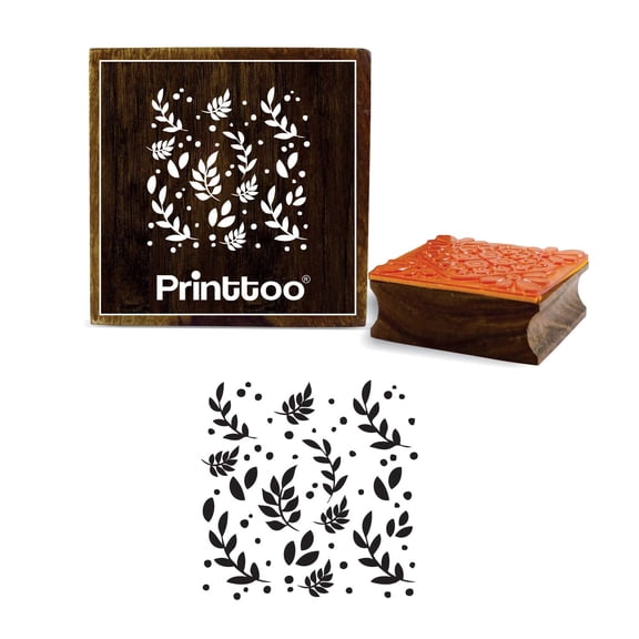 Printtoo Brown Wooden Rubber Stamp Leaf Pattern Craft Textile Square Block-3 x 3 Inches