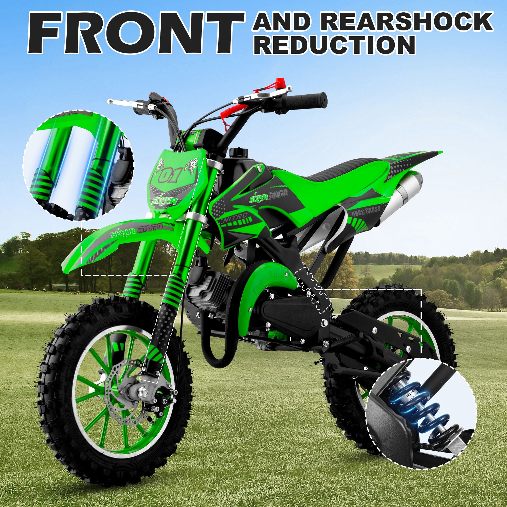 Gpower Gasoline 49cc Dirt Bike for Kids 13-17,2-Stroke Gas Power Mini Dirt Bike,Green