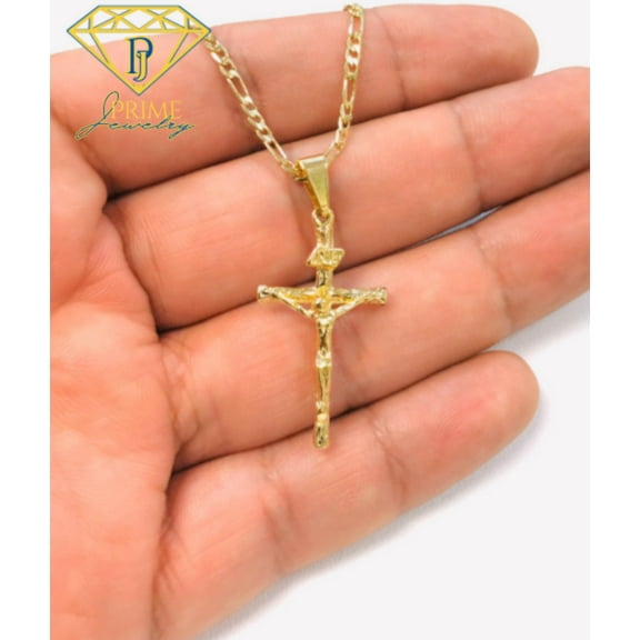14K Gold Filled Pendant Cross 33x18mm Necklace 20” Figaro Link for Men Women - Prime Jewelry 269