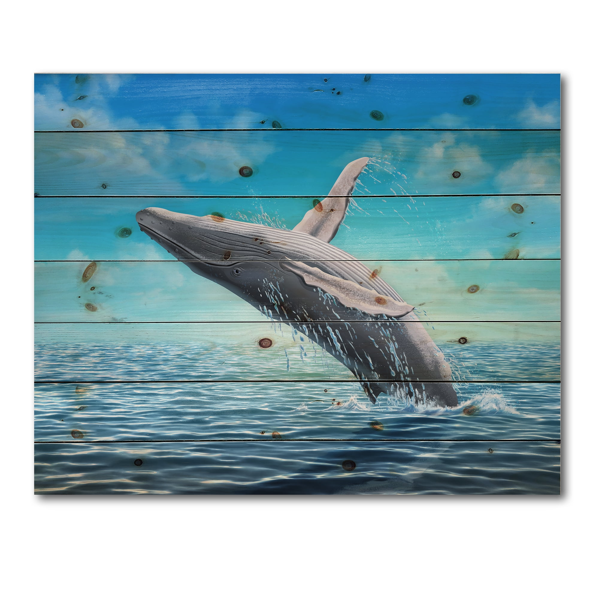 Designart 'Humpback Whale Jumping Out of Sea' Farmhouse Print on Natural Pine Wood