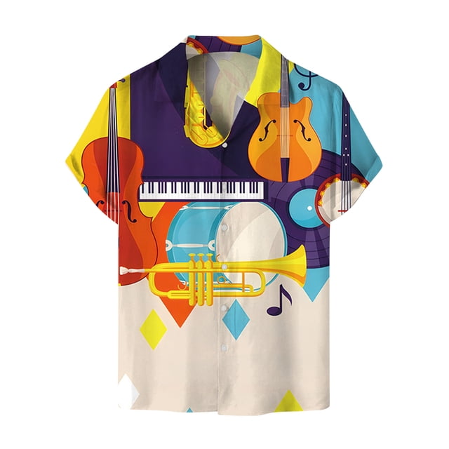 Men's Button Shirt 2024 Summer Fashion Casual Personality Musical Instrument Digital Short Sleeve-SinKeeU