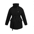 thumbnail image 3 of Women's Stand Collar Puffer Pattern Cotton Jacket Belt Button Up Long Sleeve Warm Coat Winter Outerwear, 3 of 7