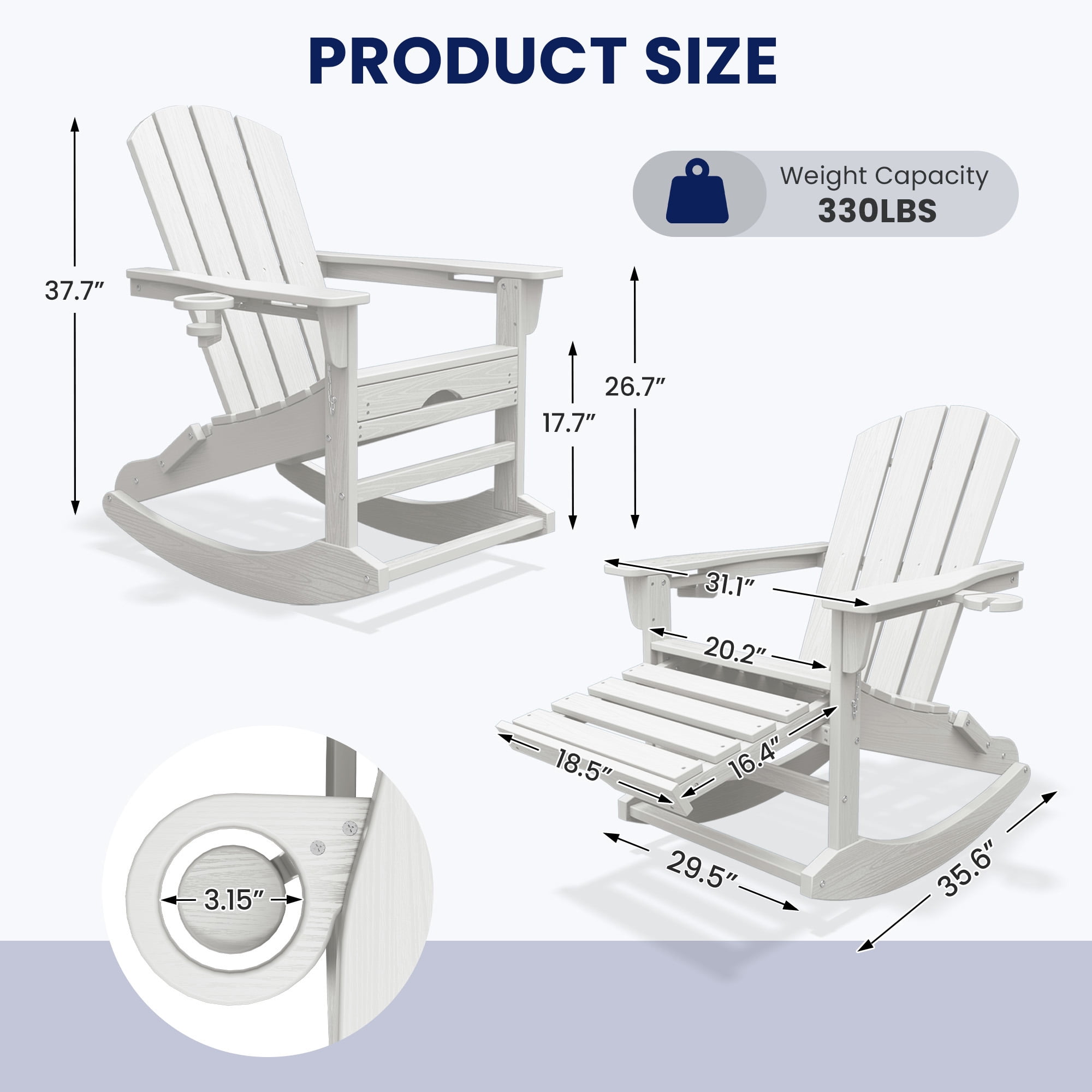 KINGYES Adirondack Rocking Chair with Retractable Ottoman and Cup Holders, HDPE Adirondack Rocker, Patio Rocking Chair for Porch, Patio