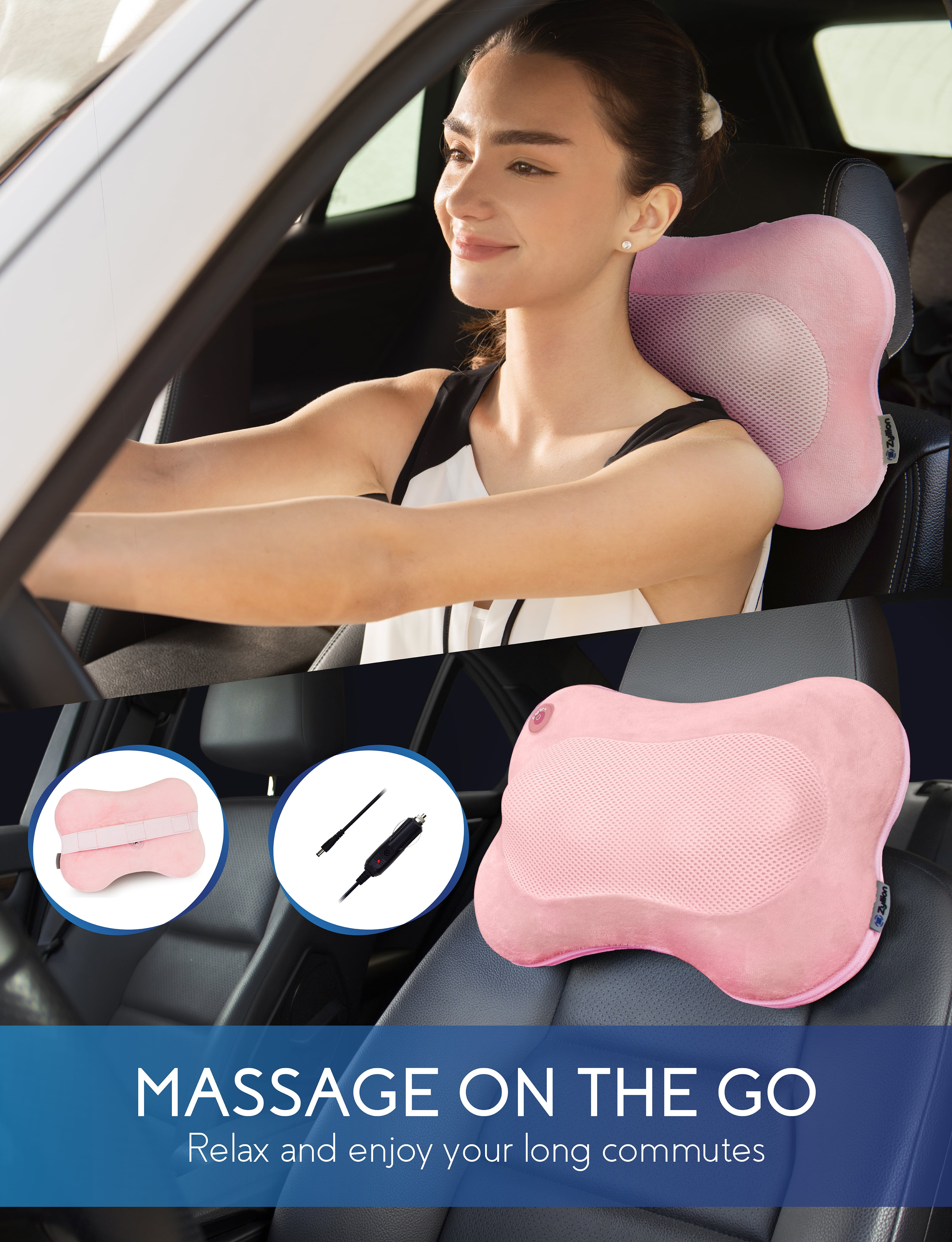 Zyllion Shiatsu Back & Neck Massager 3D Kneading Massage Pillow with Heat for Muscle Pain, Pink