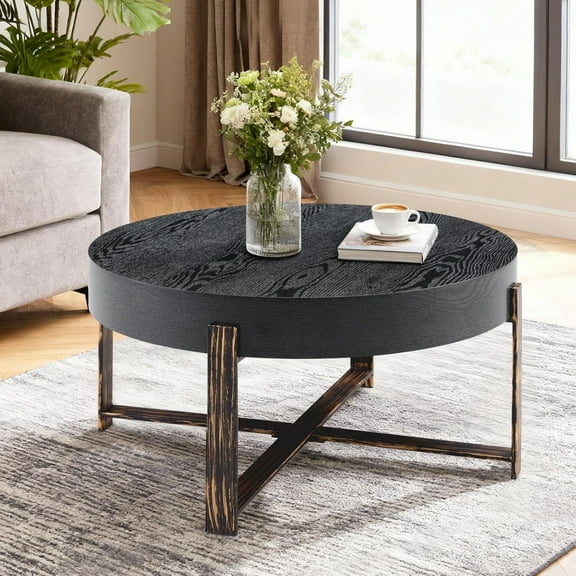 Round Coffee Table, 31.5" Modern Coffee Tables for Living Room, Circular Wooden Center Tea Table with Metal Legs for Apartment Office Small Space, Black