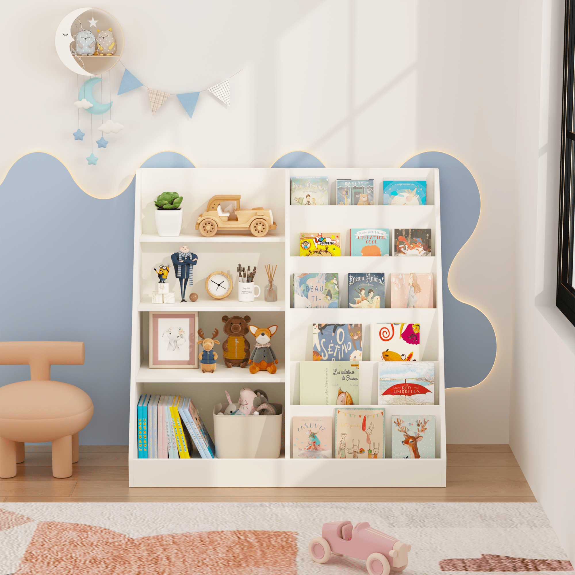 Kids Bookshelf and Toy Storage Organizer, Multifunctional 4 Tier Wooden Kids Book Shelf with Bookcase Display Stand in Kids Room Playroom Nursery for Kids, Children, Toddlers (White)