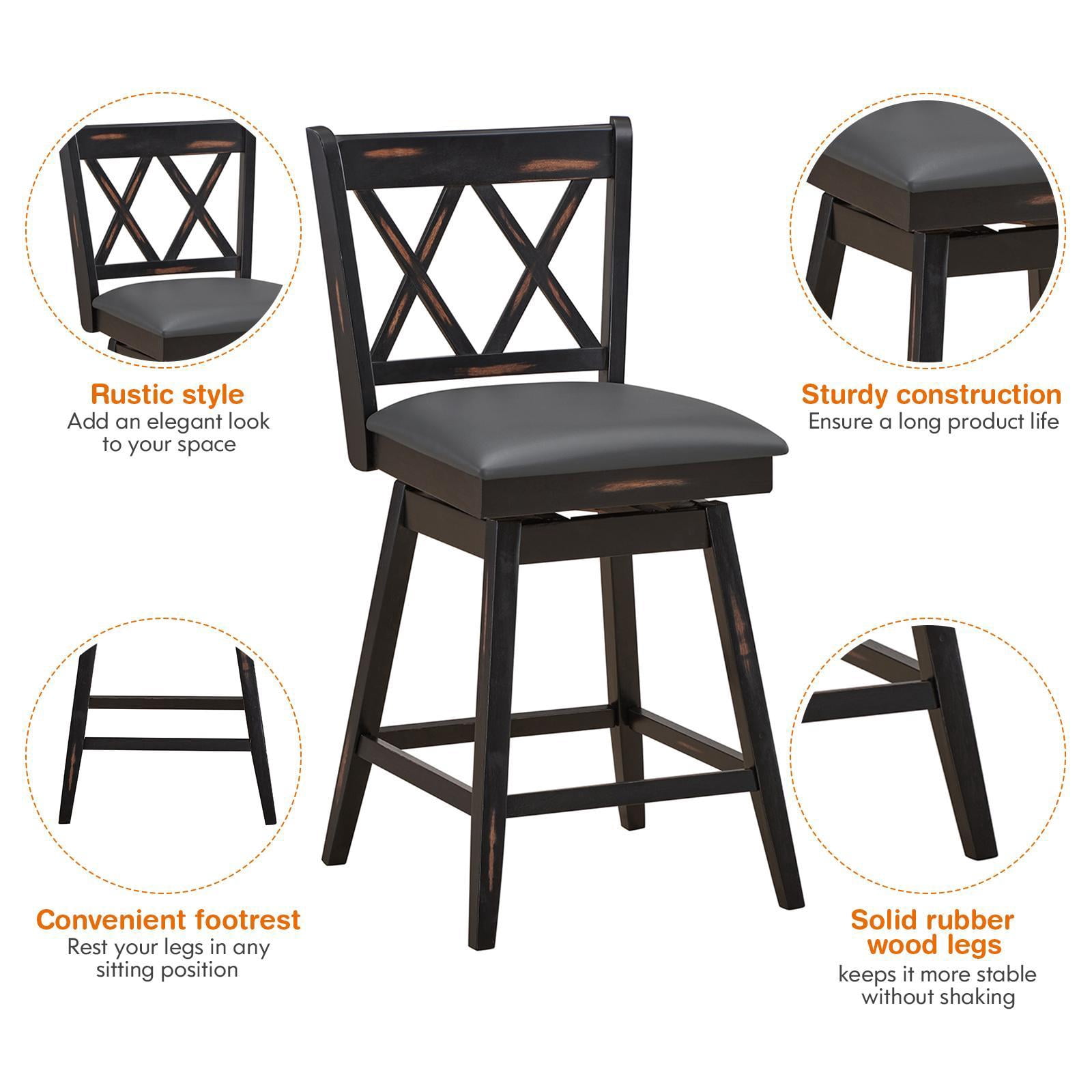 Giantex 24" Counter Height Cushioned Bar Chair, 360° Swivel Farmhouse Barstool w/Ergonomic Backrest, Waterproof PVC Surface & Solid Wood Structure