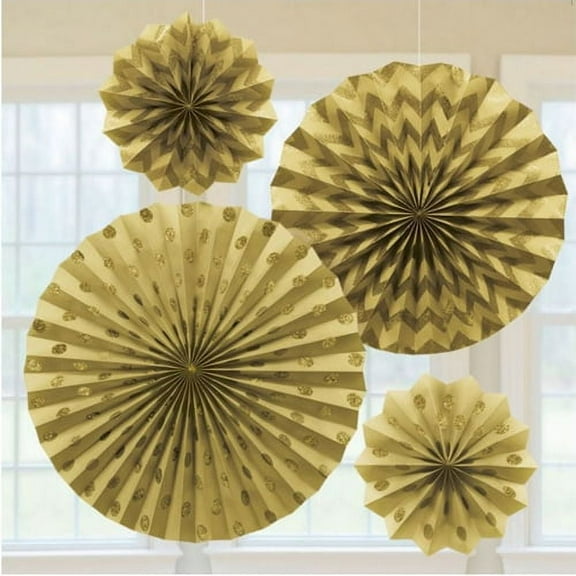 Various Glitter Printed Paper Fan Decorations, Multicolor, 4 Count