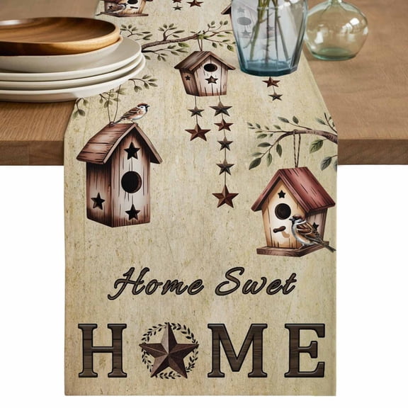 Sweet Home Table Runner 120 Inches, Western Stars Bird Houses Country Vintage Bed Runner Dresser Scarves Tabletop for Indoor Outdoor Parties/Ceremony/Banquet, 13"x 120"