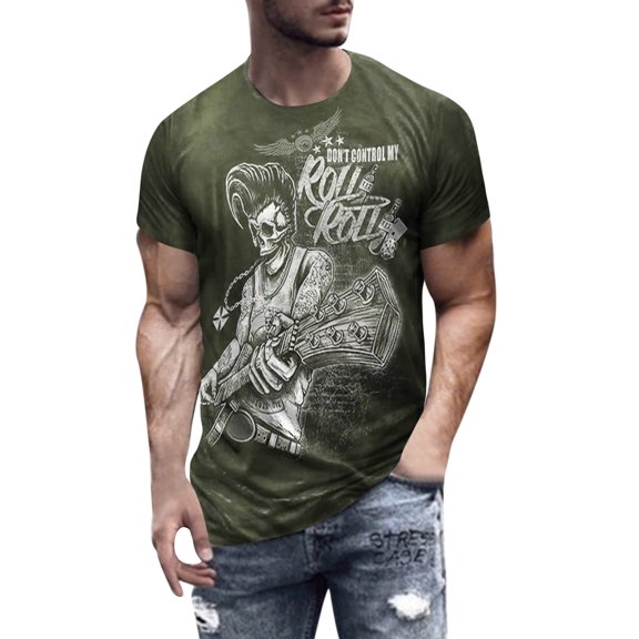 Bibifish Mens T Shirt Short Sleeve Crew Neck Skull Guitar Print Tees Rock Vintage Summer Comfort Daily Wear Tops