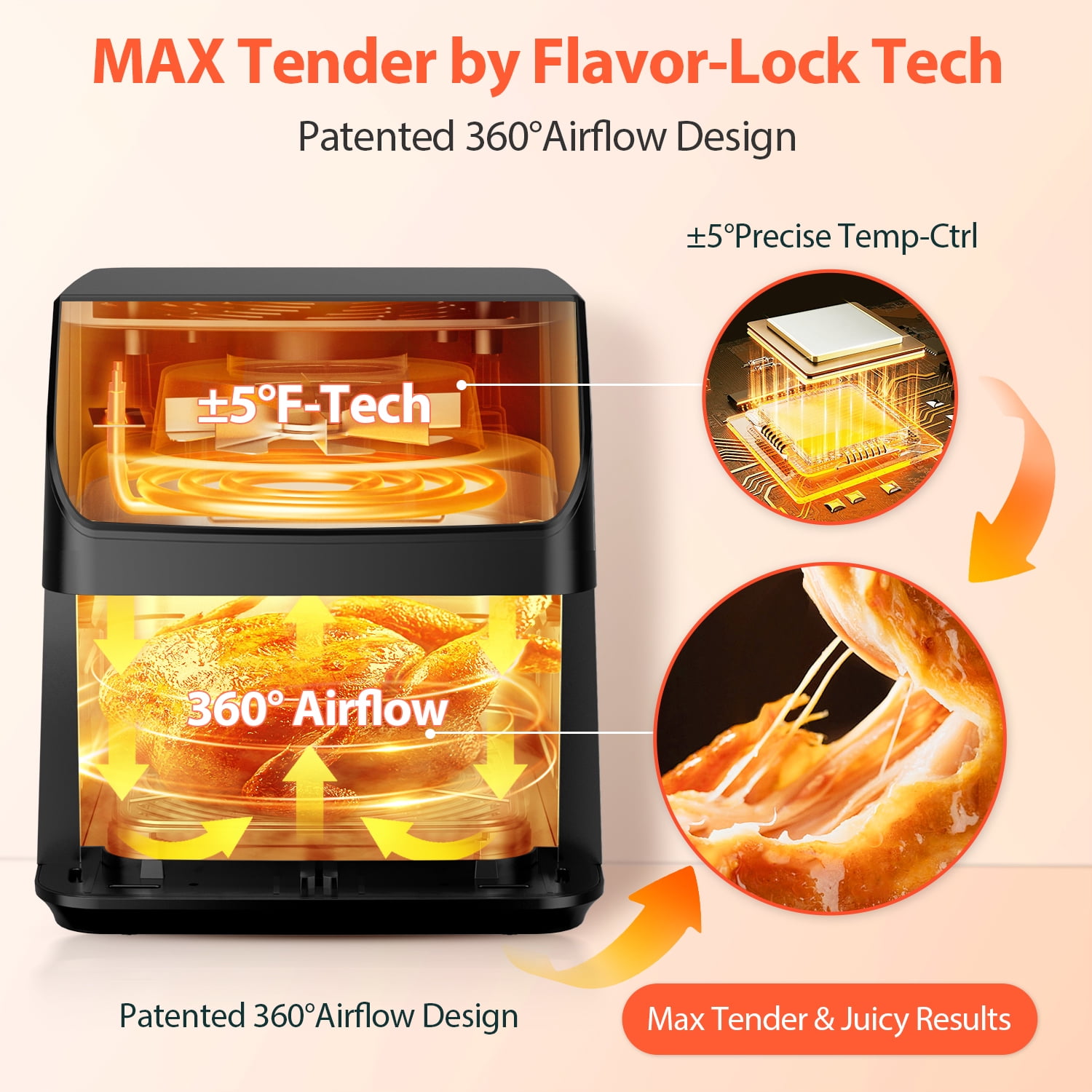 PDstation Air Fryer, One-Touch Digital Control Presets, Large 10L Capacity with Visible Cooking Window, Fries, Chicken, Meat, Fish, Non-Stick Parts, Dishwasher Safe, Auto Shutoff, Stainless Steel