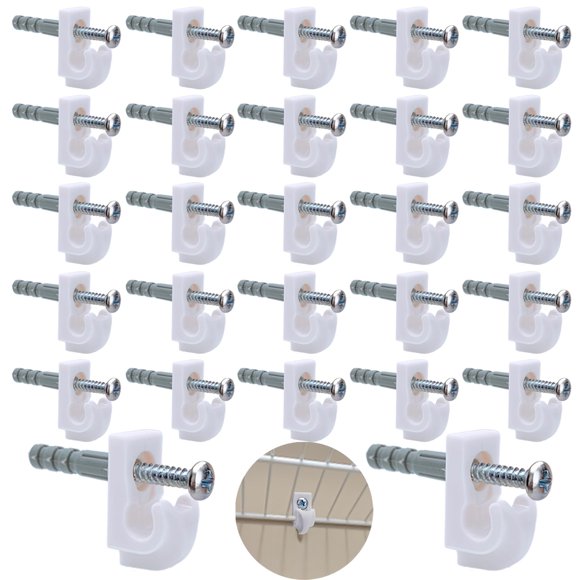 Clips de pared hacia abajo: 30 juegos de soportes de alambre para estantes, clips de bucle, clips para estantes de armario, clip de pared posterior para estante de alambre, clips incluidos, tornillos