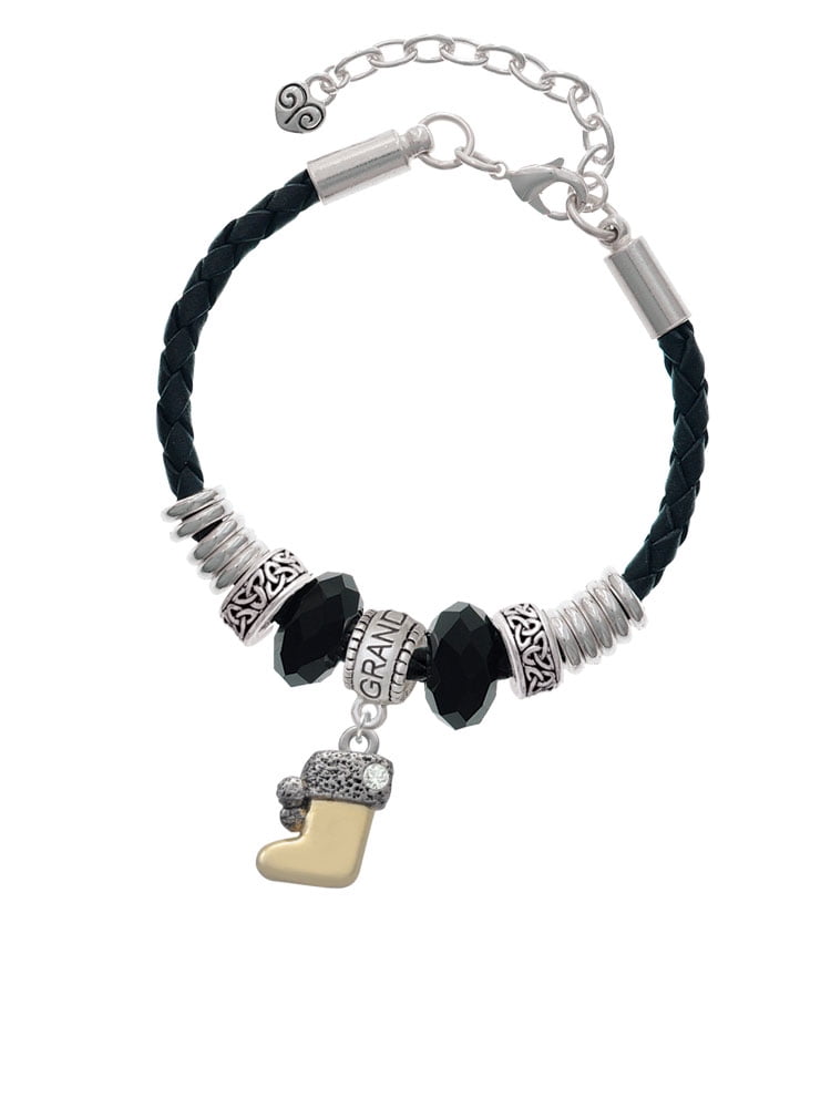 Delight Jewelry Two-tone 3-D Stocking with Clear Crystal Granddaughter Celtic Knot Leather Bead Bracelet, 7"+2" Extender