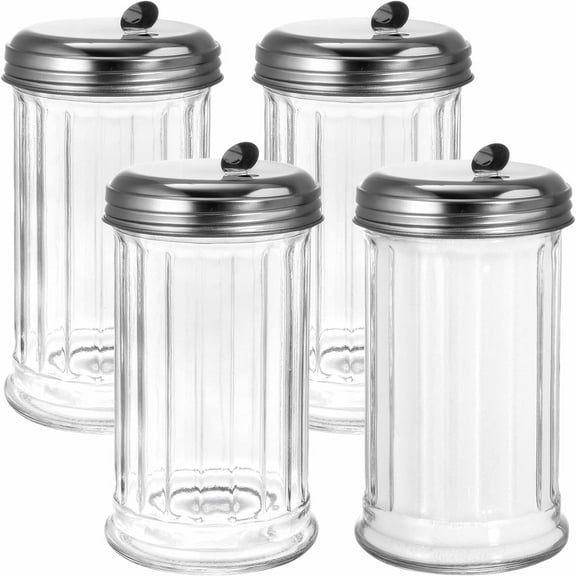 YSTDHL 4 Pack 12OZ Glass Sugar Dispenser/Pourer/Shaker with Stainless Steel Pour-Flap Lid, Retro Style
