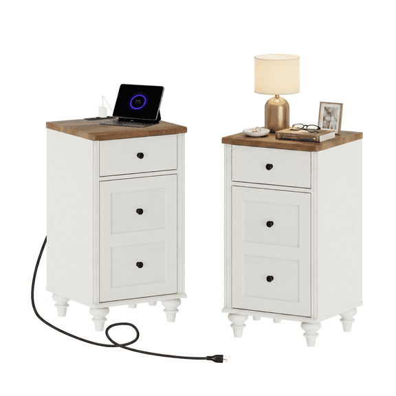 Set of 2 Farmhouse End Table with Charging Station, White Wood Side Table with Drawer & Storage Cabinet, Nightstand with Power Outlets & USB Ports for Living Room Bedroom