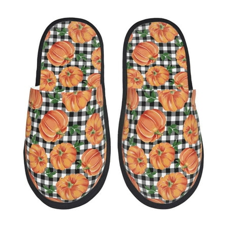 

Noikeo Autumn Pumpkins Gingham Pattern Cozy Slippers Indoor for Women and Mens Fuzzy House Shoes Soft Plush Warm Slip-on Slippers-Medium