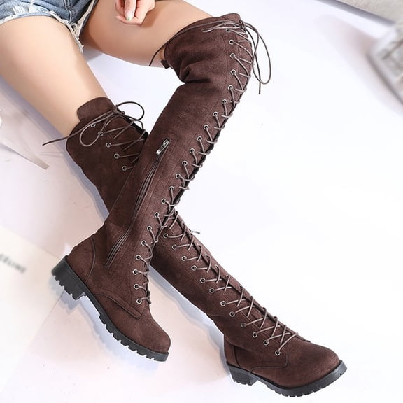 Tejiojio Fall Clearance Women's Winter Solid Color Warm Suede Side Zipper Lace Up Knee Flat Rider Boots