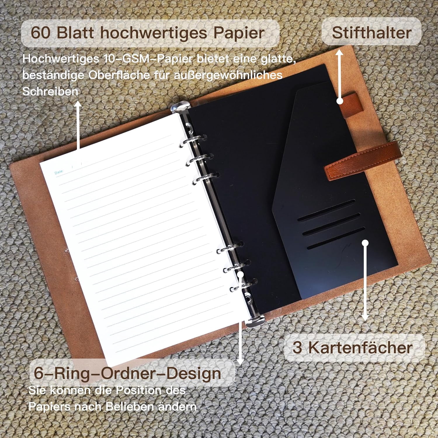 Vintage Leather A5 Binder Notebook, Refillable 6-Ring Journal with Pocket & 160 Lined Pages for Writers Office Study