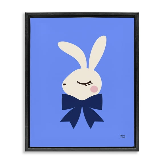 Stupell Industries Rabbit with Ribbon on Blue Animals Painting Black Floater Framed Canvas Art Print Wall Art, 17 x 21