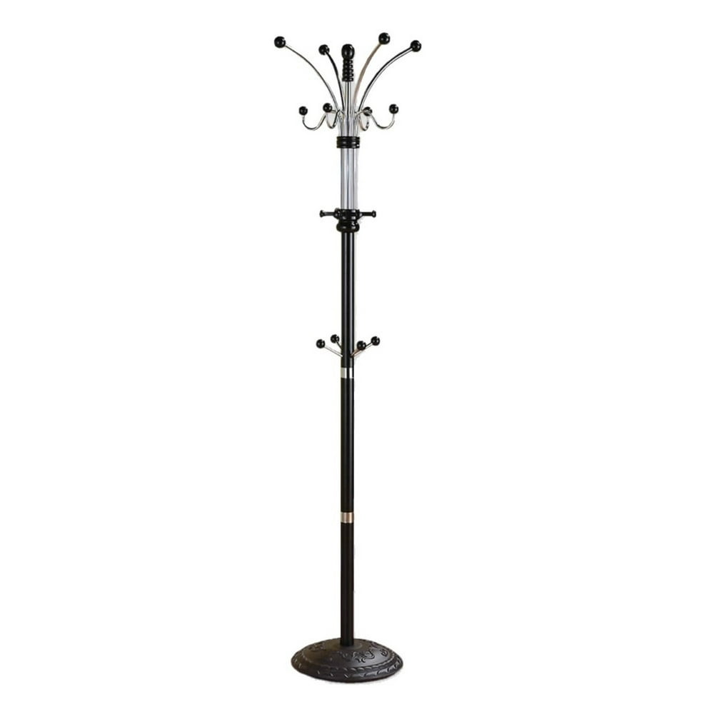 Metal Pole Coat Rack with Round Base and Multiple Hooks, Black
