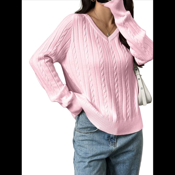Suéter de Punto de Larga para Mujer, Jersey Ajustado con Cuello en V, Ropa Informal de Negocios para Otoño Rosa S