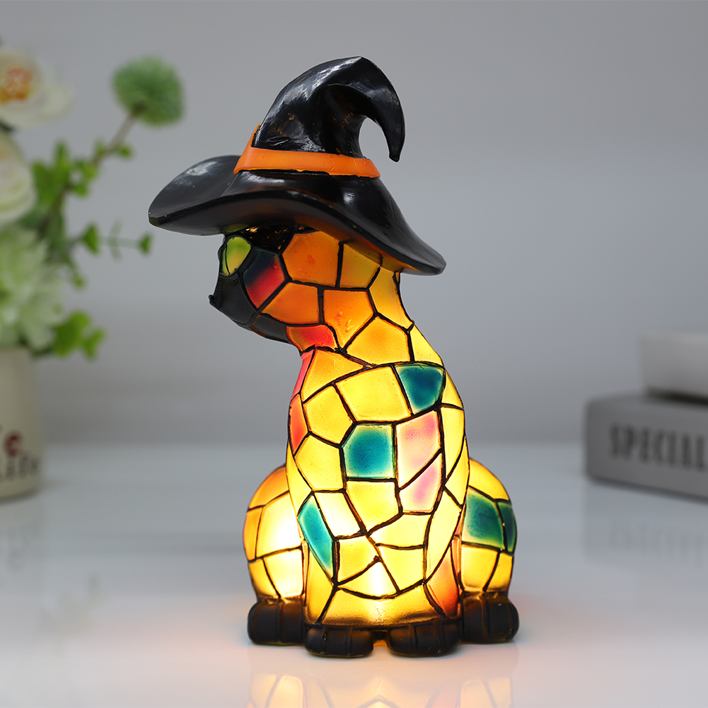 Halloween Theme Cat Lantern - Stained Resin Pumpkin Cat Night Light, 3D Cat Wear Witch Hat Bedside Lamp