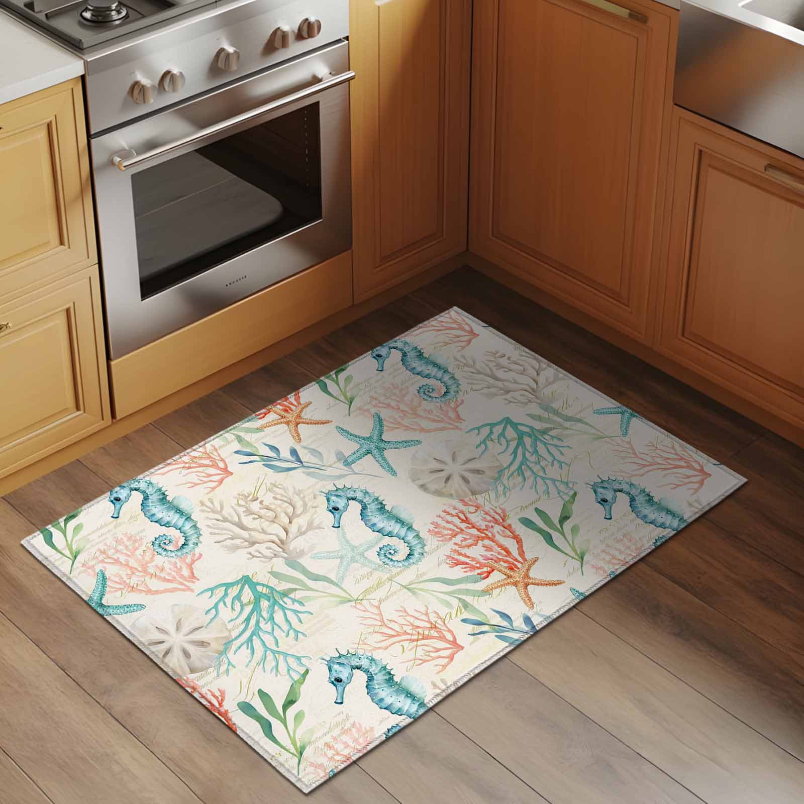 Entryway Rug 2'x3', Teal Red Coastal Small Rug for Kitchen Bathroom Door Mat Indoor Entrance, Nautical Seahorse Beach Coral Starfish Retro Non-Slip Area Rugs Floor Mats Carpet Front Door Rugs