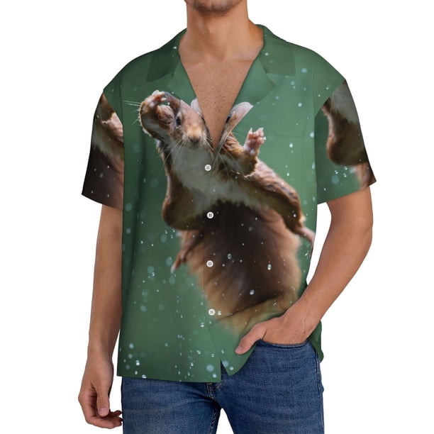 Fotbe Squirrel Camisa Estampada de Manga Corta para Hombre, Casual de Verano, Estilo Playero, Sin Arrugas-Small