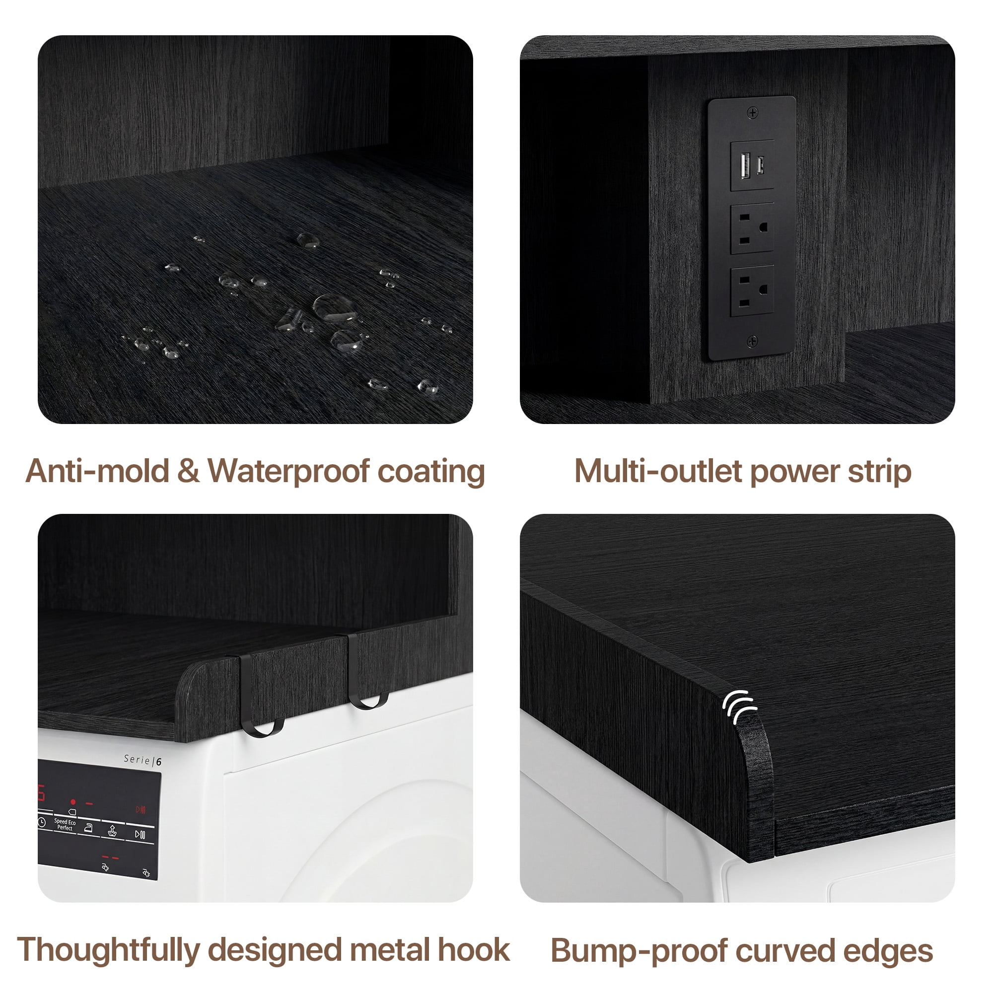 YDN Modern 54" Washer Dryer Countertop with Power Outlet & LED Lights - 2 Tiers Laundry Countertop with Shelf Space, Large Washer and Dryer Topper W/ Storage Basket,Metal Hooks,Non-Slip Pad,Black