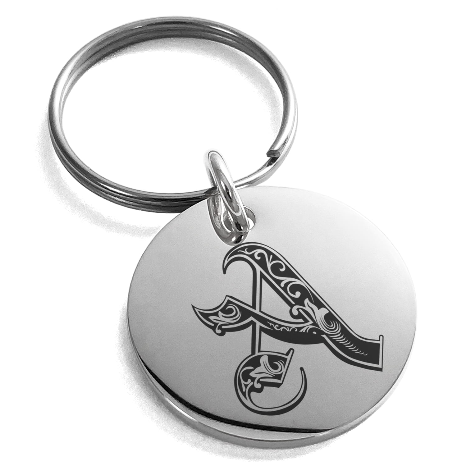 Stainless Steel Letter A Initial Royal Monogram Engraved Small Medallion Circle Charm Keychain