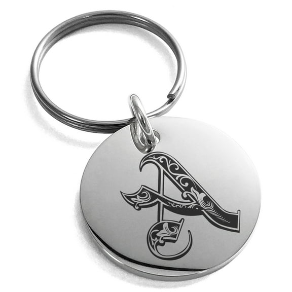 Stainless Steel Letter A Initial Royal Monogram Engraved Small Medallion Circle Charm Keychain Keyring