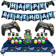 YANXIR Video Game PriNst Birthday Decorations Set, Gamer Birthday Decorations with Happy Birthday Banner Birthday Cake Topper Birthday Tablecloth Foil Balloons for Home/Boy Supplies