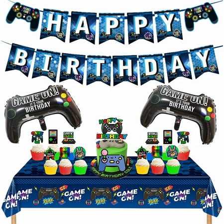 YANXIR Video Game PriNst Birthday Decorations Set, Gamer Birthday Decorations with Happy Birthday Banner Birthday Cake Topper Birthday Tablecloth Foil Balloons for Home/Boy Supplies
