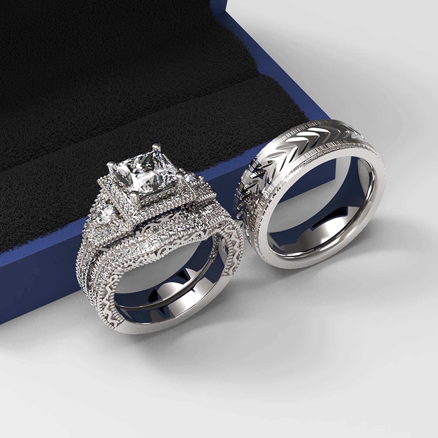 3pc Couples Wedding Ring Sets His And Hers Women Sterling Silve Round Moissanite and men Wedding Bands Together With The Ring Box
